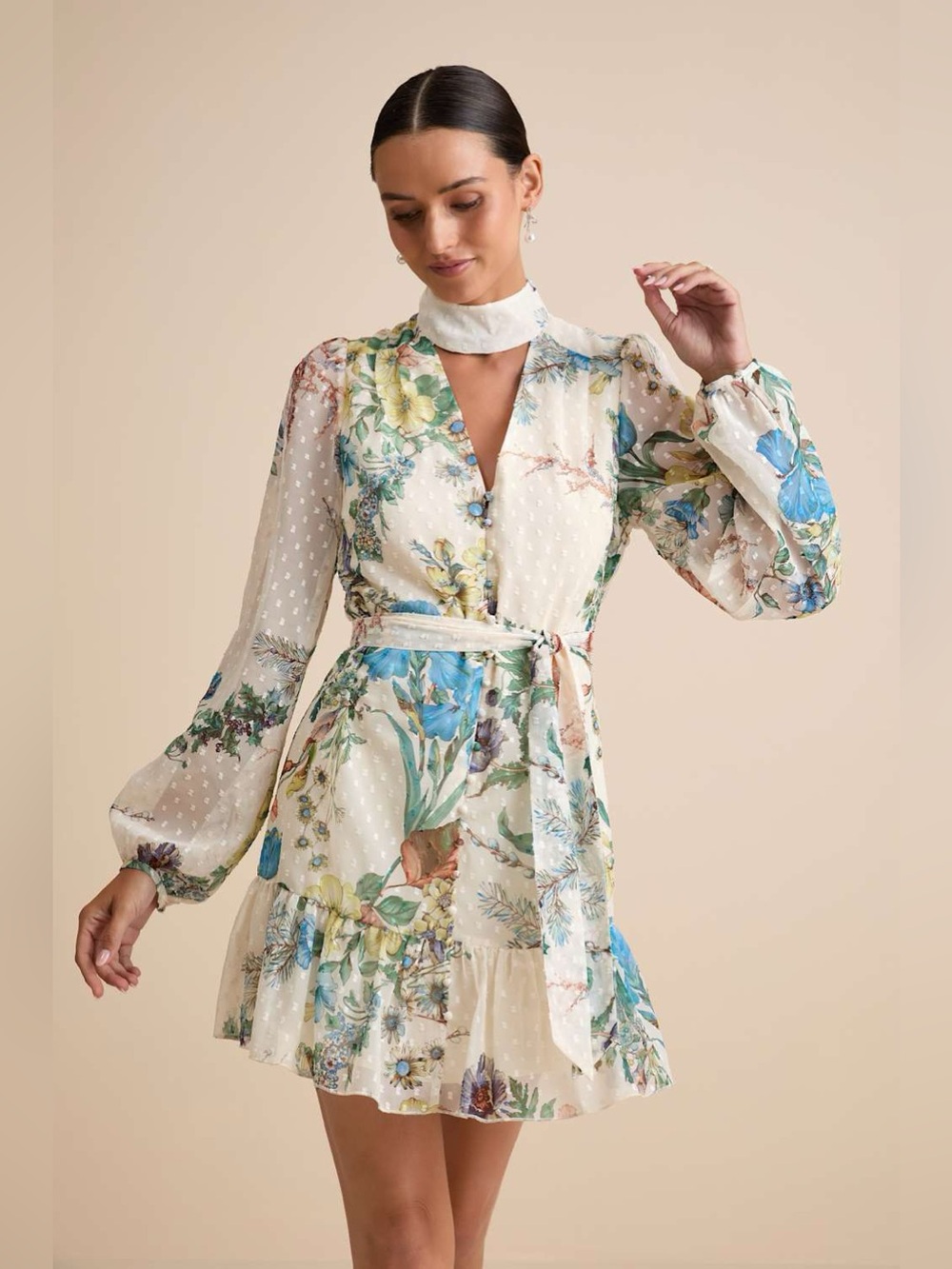 Lulus Ayame Ivory Floral Swiss Dot Balloon Sleeve Mini Dress Size Medium NWT Tie